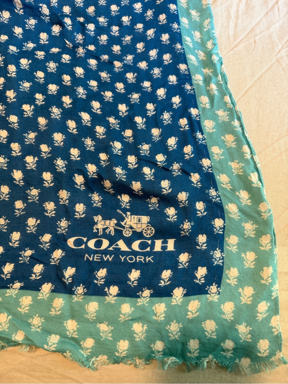 COACH Navy and Teal Floral Logo Scarf